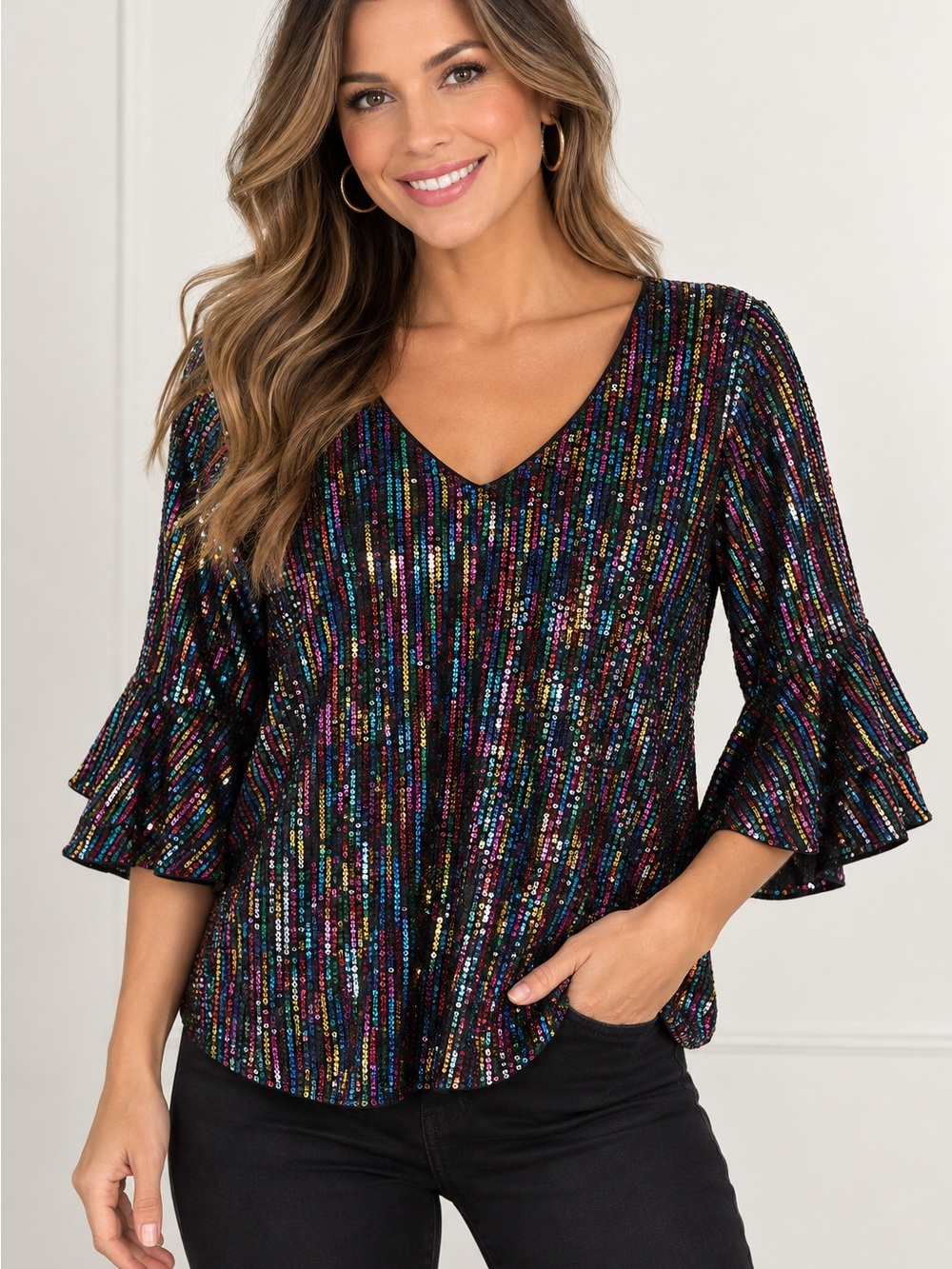 GRACE KARIN Rainbow Sequin Bell Sleeve Party Top Blouse Medium